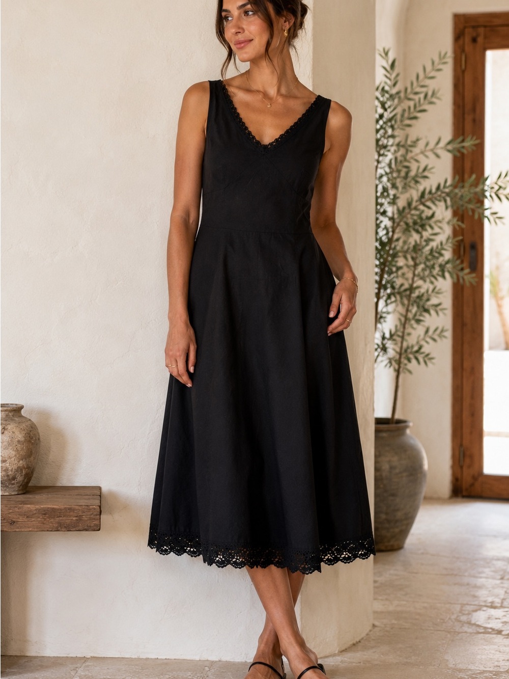 Garnet Hill Black Linen Blend Lace Trim Midi Dress Sleeveless Cottagecore
